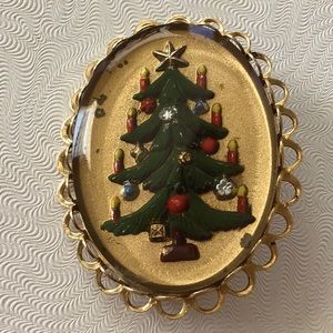 Vintage Christmas Tree pin Acrylic Gold tone